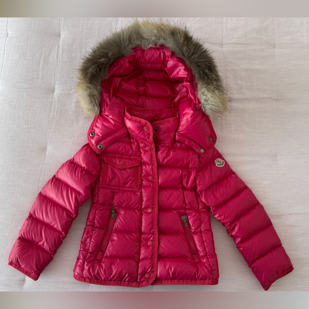 Moncler Girls Hot Pink Puffer Jacket with Fur-Trim Hood